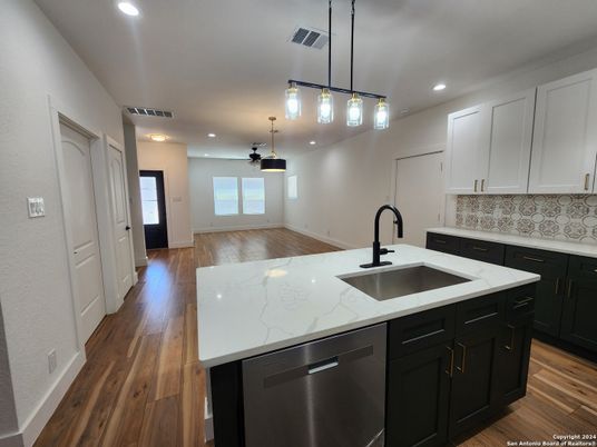 Interior, Kitchen, Pendant Lights, Recessed Lighting, Wood Texture Flooring