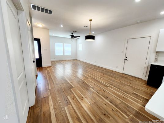 Empty room, Interior, Pendant Lights, Recessed Lighting, Wood Texture Flooring