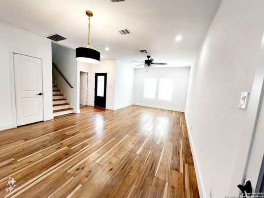 Empty room, Interior, Pendant Lights, Recessed Lighting, Wood Texture Flooring