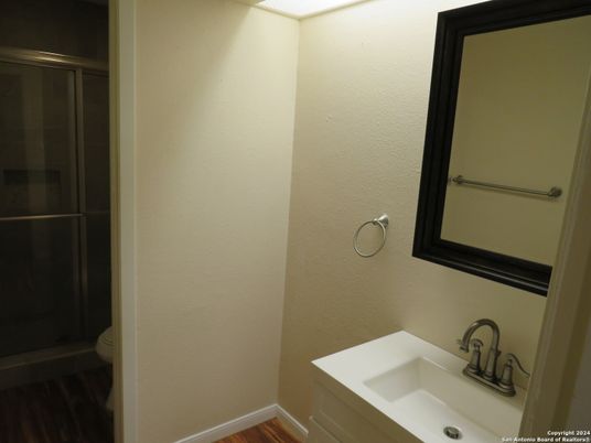 Bathroom, Glass Shower, Interior, Wood Texture Flooring