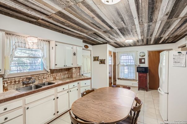 Dining room, Interior, Kitchen, Tile Countertops, Wooden Ceilings