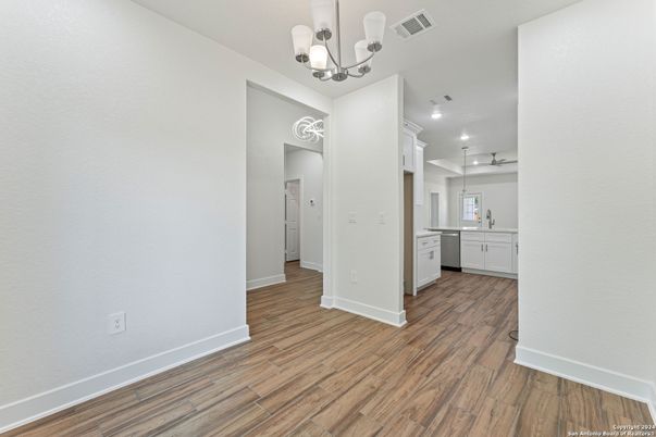 Chandelier, Interior, Kitchen, Recessed Lighting, Wood Texture Flooring