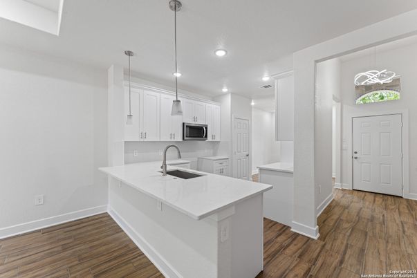 Interior, Kitchen, Pendant Lights, Recessed Lighting, Wood Texture Flooring