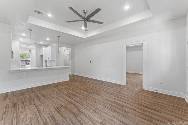 Empty room, Interior, Kitchen, Pendant Lights, Recessed Lighting, Wood Texture Flooring