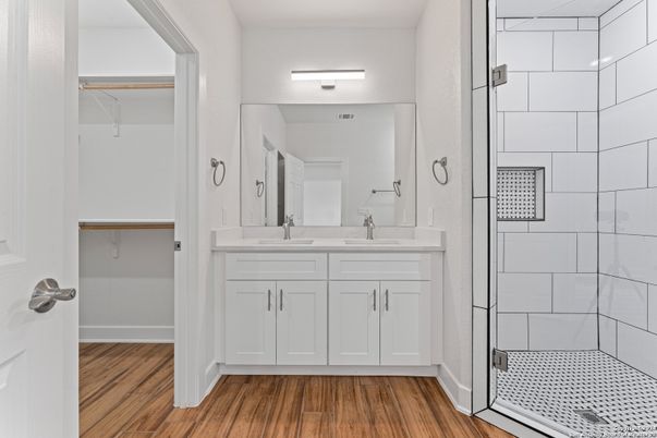 Bathroom, Dual Sink Vanities, Interior, Wood Texture Flooring