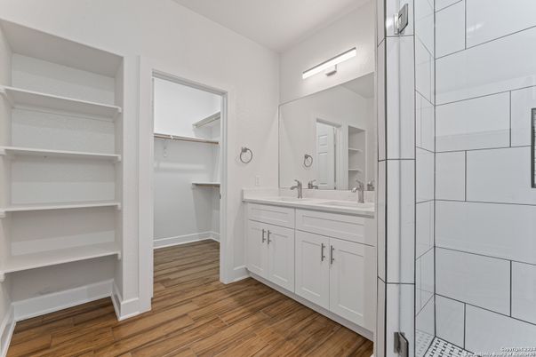 Bathroom, Dual Sink Vanities, Interior, Walk-in Closets, Wood Texture Flooring