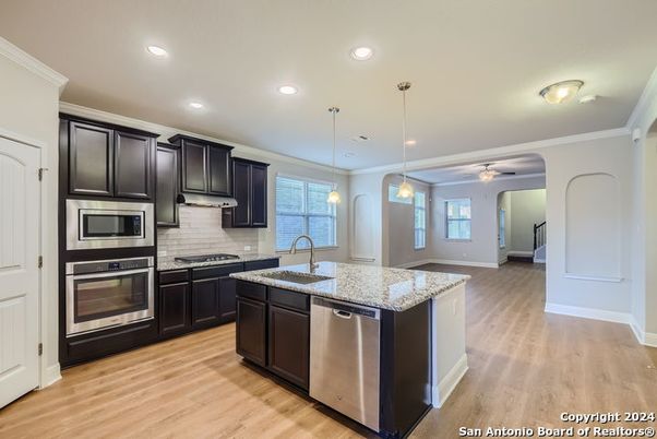 Interior, Kitchen, Pendant Lights, Recessed Lighting, Stainless Steel Appliances, Wood Texture Flooring