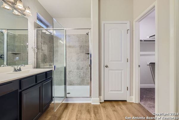 Bathroom, Glass Shower, Interior, Wood Texture Flooring