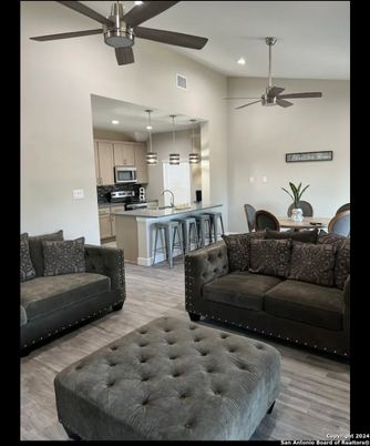 Dining room, Interior, Kitchen, Living room, Pendant Lights, Recessed Lighting, Stainless Steel Appliances, Wood Texture Flooring