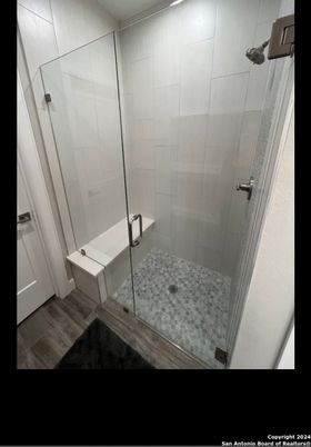 Bathroom, Glass Shower, Interior, Recessed Lighting, Wood Texture Flooring