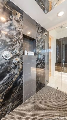 Bathroom, Glass Shower, Interior, Marble Walls, Recessed Lighting