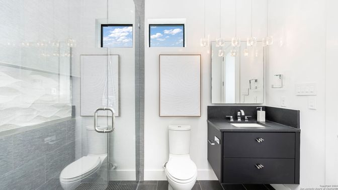 Bathroom, Glass Shower, Interior, Pendant Lights