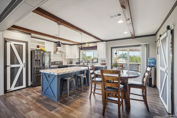Dining room, Interior, Kitchen, Pendant Lights, Recessed Lighting, Stainless Steel Appliances, Wooden Beams, Wood Texture Flooring