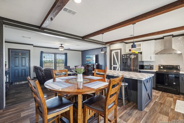 Dining room, Interior, Kitchen, Pendant Lights, Recessed Lighting, Stainless Steel Appliances, Wooden Beams, Wood Texture Flooring