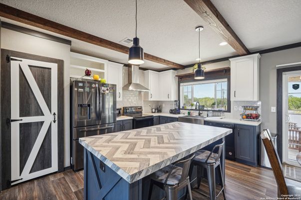 Interior, Kitchen, Pendant Lights, Recessed Lighting, Stainless Steel Appliances, Wooden Beams, Wood Texture Flooring
