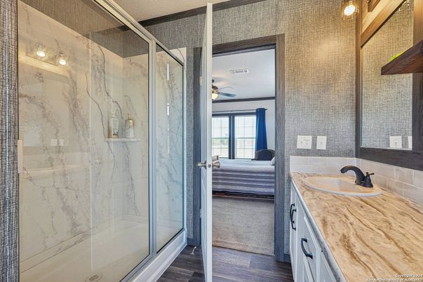 Bathroom, Glass Shower, Interior, Marble Walls, Wood Texture Flooring