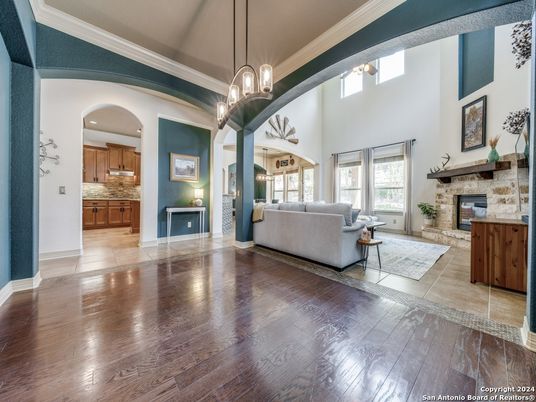 Fireplace, Interior, Kitchen, Living room, Pendant Lights, Wood Texture Flooring
