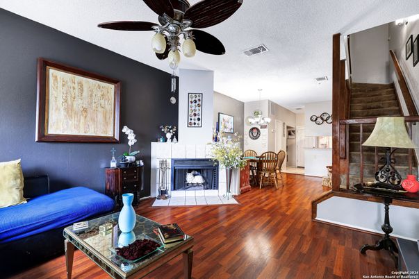 Dining room, Fireplace, Interior, Pendant Lights, Wood Texture Flooring