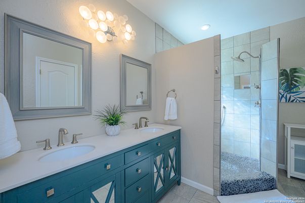 Bathroom, Dual Sink Vanities, Glass Shower, Interior, Recessed Lighting