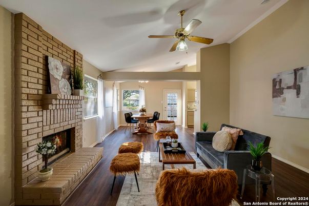 Dining room, Fireplace, Interior, Living room, Stone Walls, Wood Texture Flooring
