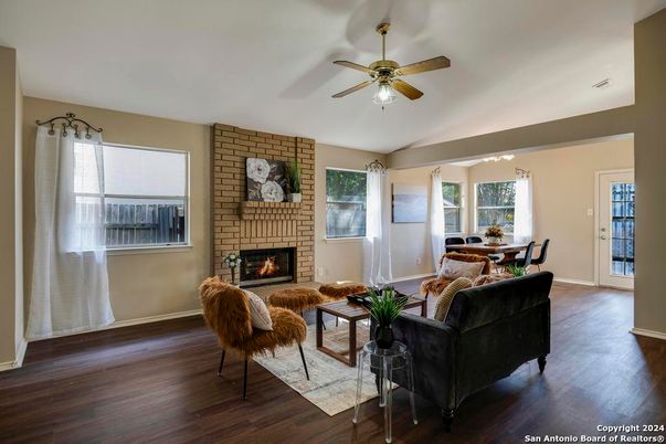 Dining room, Fireplace, Interior, Living room, Stone Walls, Wood Texture Flooring