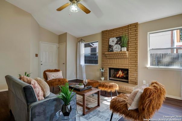 Fireplace, Interior, Living room, Stone Walls, Wood Texture Flooring