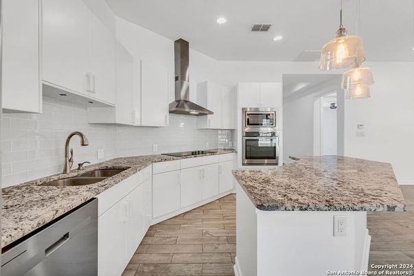 Interior, Kitchen, Pendant Lights, Recessed Lighting, Stainless Steel Appliances, Wood Texture Flooring