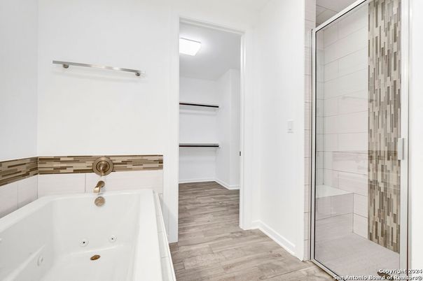 Bathroom, Glass Shower, Interior, Wood Texture Flooring