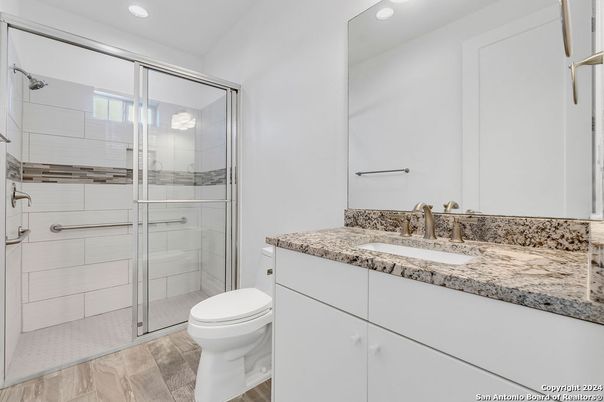 Bathroom, Glass Shower, Interior, Recessed Lighting, Wood Texture Flooring