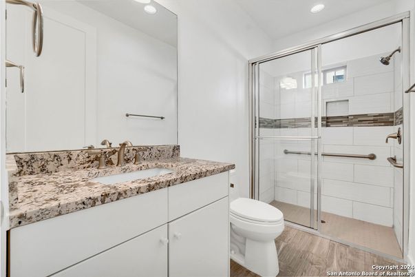 Bathroom, Glass Shower, Interior, Recessed Lighting, Wood Texture Flooring