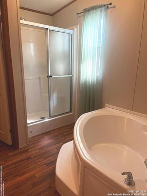 Bathroom, Glass Shower, Interior, Wood Texture Flooring