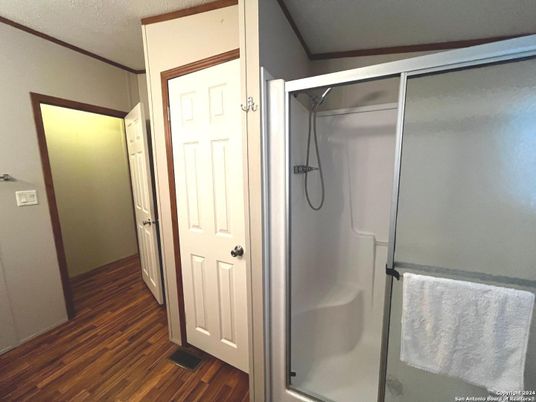 Bathroom, Glass Shower, Interior, Wood Texture Flooring