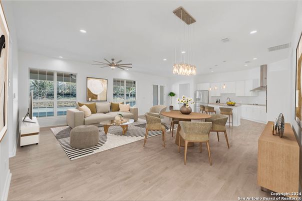 Dining room, Interior, Kitchen, Living room, Pendant Lights, Recessed Lighting, Wood Texture Flooring
