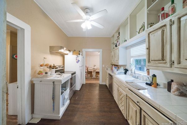 Interior, Kitchen, Tile Countertops, Wood Texture Flooring