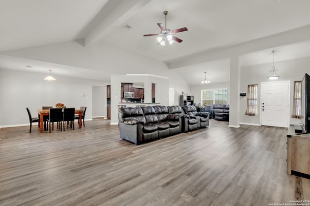 Dining room, Interior, Living room, Pendant Lights, Wood Texture Flooring