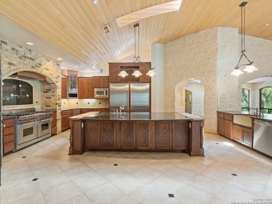 Interior, Kitchen, Pendant Lights, Recessed Lighting, Stainless Steel Appliances, Stone Walls, Wooden Ceilings