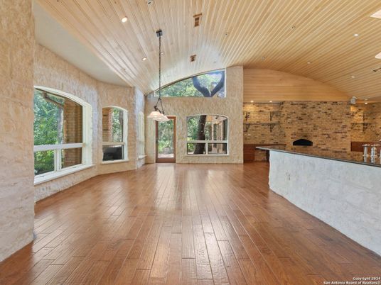 Interior, Kitchen, Pendant Lights, Recessed Lighting, Stone Walls, Wooden Ceilings, Wood Texture Flooring