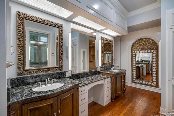 Bathroom, Dual Sink Vanities, Interior, Recessed Lighting, Wood Texture Flooring
