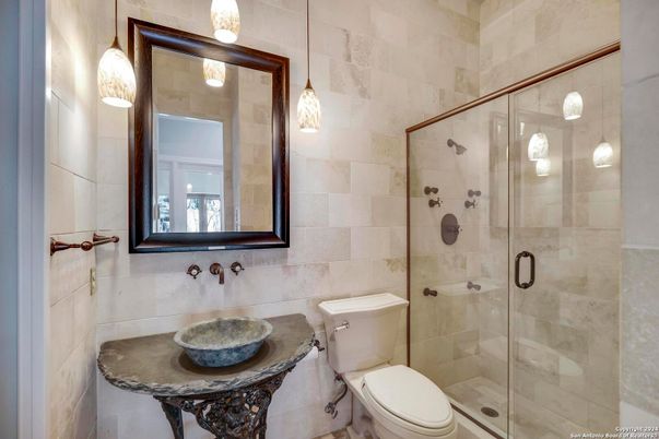 Bathroom, Glass Shower, Interior, Pendant Lights, Stone Walls