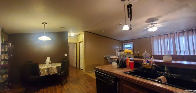 Dining room, Interior, Kitchen, Pendant Lights, Wood Texture Flooring