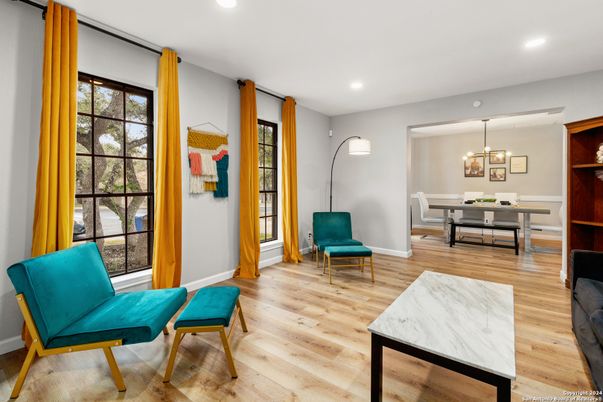 Dining room, Interior, Pendant Lights, Recessed Lighting, Wood Texture Flooring
