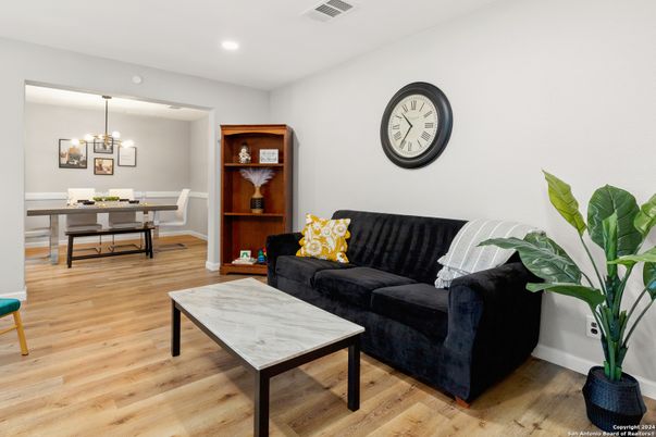 Dining room, Interior, Living room, Recessed Lighting, Wood Texture Flooring