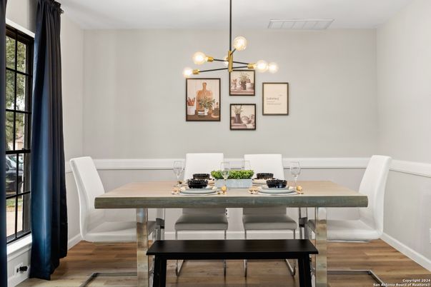 Dining room, Interior, Pendant Lights, Wood Texture Flooring