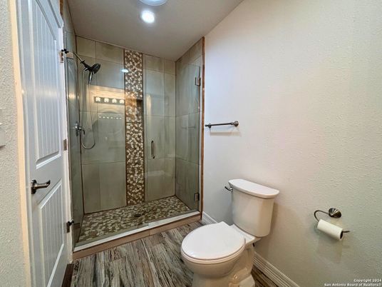 Bathroom, Glass Shower, Interior, Recessed Lighting, Wood Texture Flooring