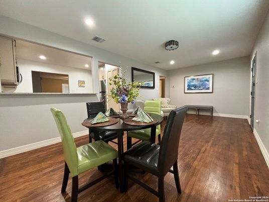 Dining room, Interior, Recessed Lighting, Wood Texture Flooring