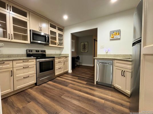 Interior, Kitchen, Recessed Lighting, Stainless Steel Appliances, Wood Texture Flooring