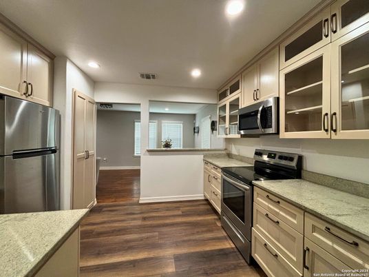 Interior, Kitchen, Recessed Lighting, Stainless Steel Appliances, Wood Texture Flooring