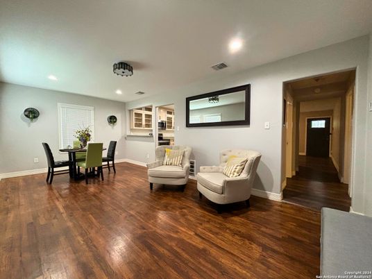 Dining room, Interior, Recessed Lighting, Wood Texture Flooring
