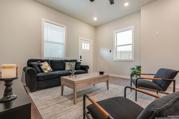 Interior, Living room, Recessed Lighting, Wood Texture Flooring