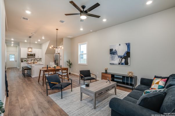 Dining room, Interior, Kitchen, Living room, Pendant Lights, Recessed Lighting, Wood Texture Flooring